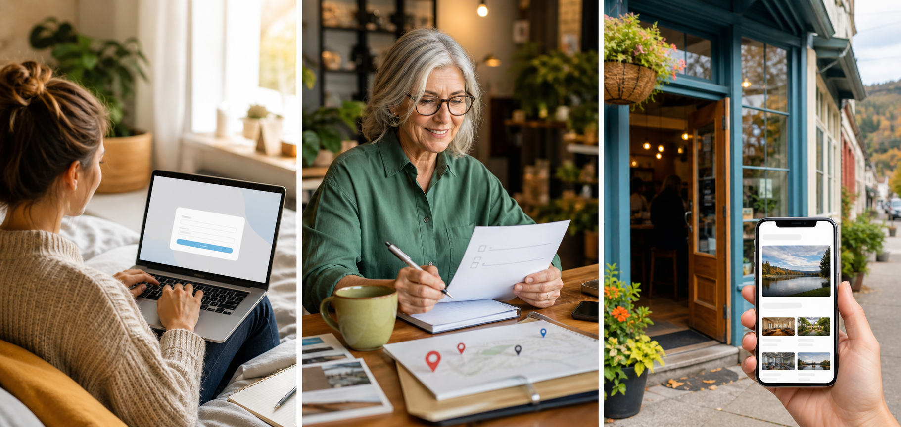 Three scenes showing signup, review, and a published local listing